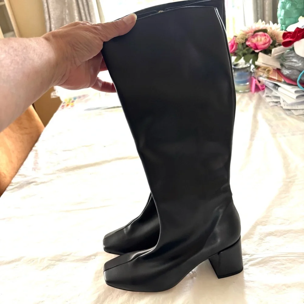 NWT SVEGAN Black Chalk Vegan Leather Heeled Knee High Boots SZ 5.5 - Picture 10 of 14